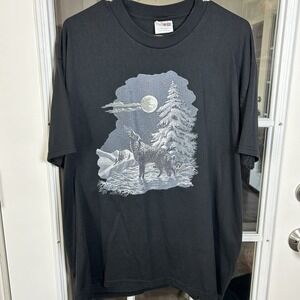 Vintage 1990s Howling Wolf Full Moon Snow Scene Graphic T-shirt Black XL